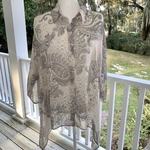 Chico’s Sheer creme and grey paisley blouse